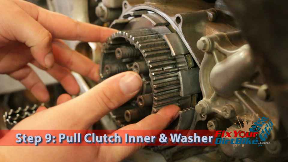 Step 9: Pull the clutch inner and thrust washer.  If the washer is not on the shaft, it may be stuck to the back of the clutch outer.