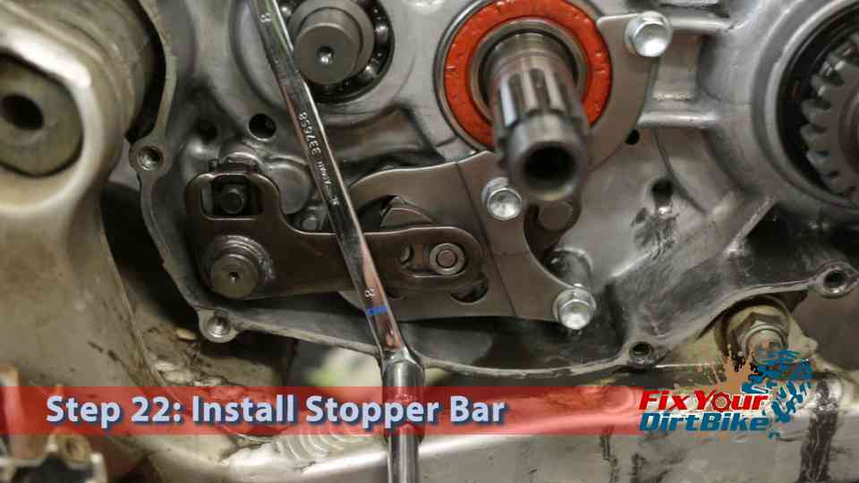 Step 22: Install a stopper bar to keep the shift shaft in place.  I used an 8mm wrench.