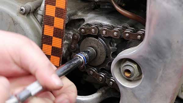 If you try to turn the bolt, you will turn the engine, so use a ratchet strap to hold down the rear brake.